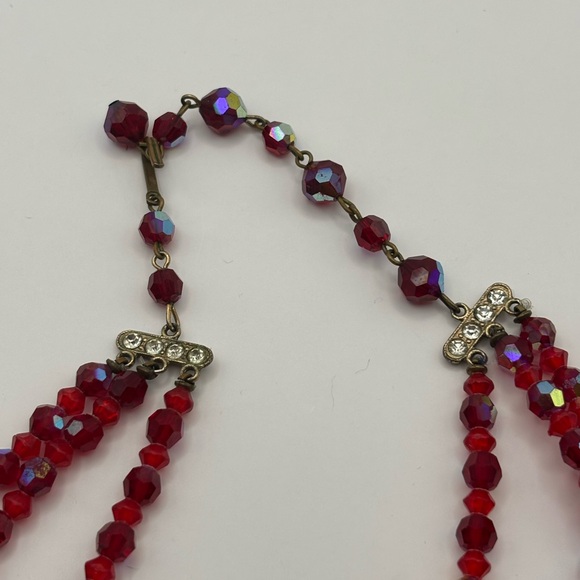 Vintage Elegant Red AB Beaded Necklace three strands with Clip ons set - Picture 2 of 5